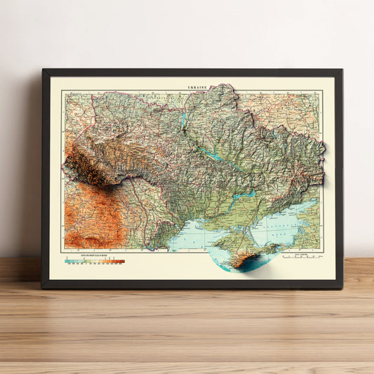 Ukraine vintage framed shaded relief map in black frame. Artistic print highlighting mountains with a realistic terrain effect