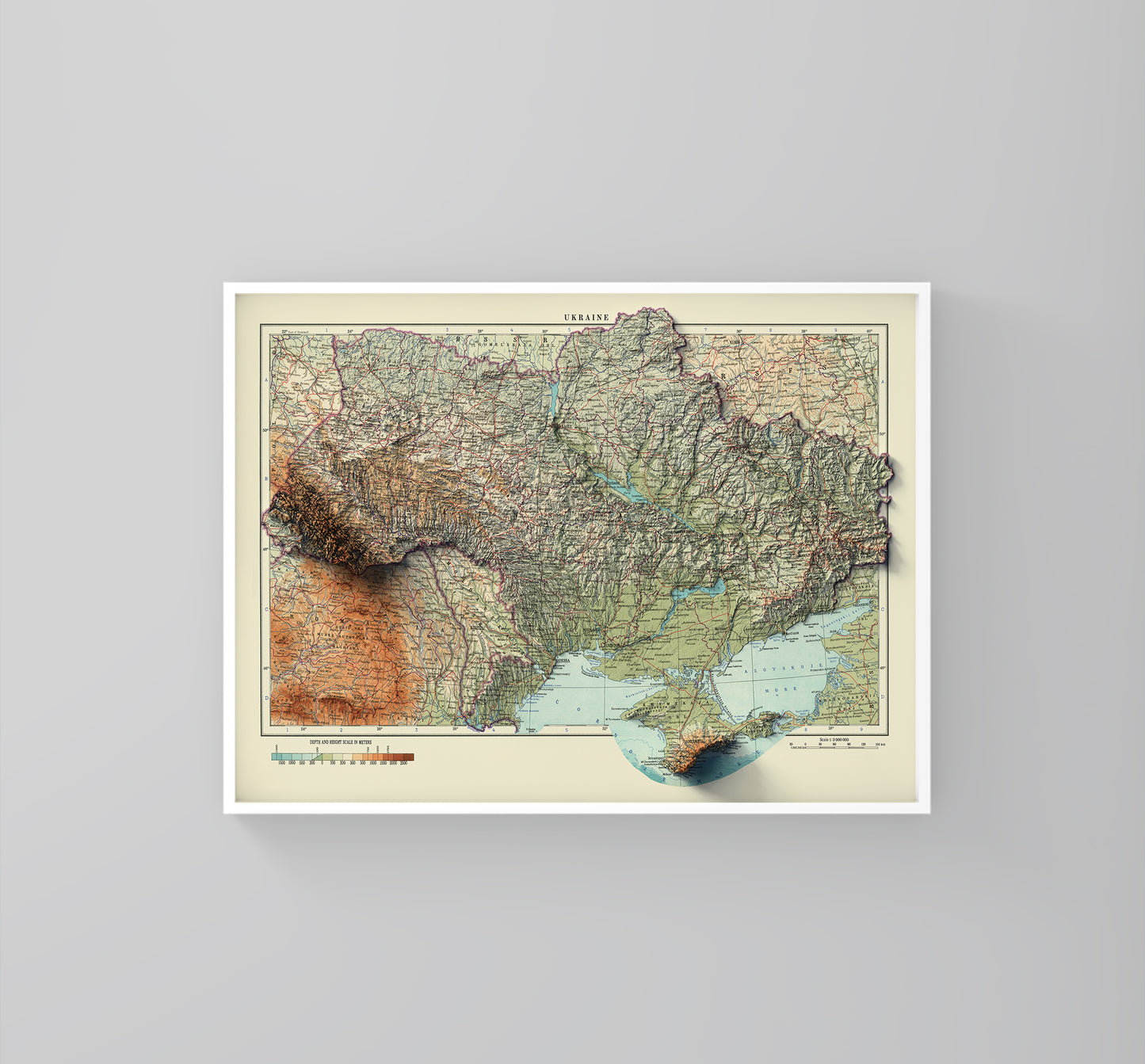 Ukraine vintage framed shaded relief map in white frame. Artistic print highlighting mountains with a realistic 3d effect