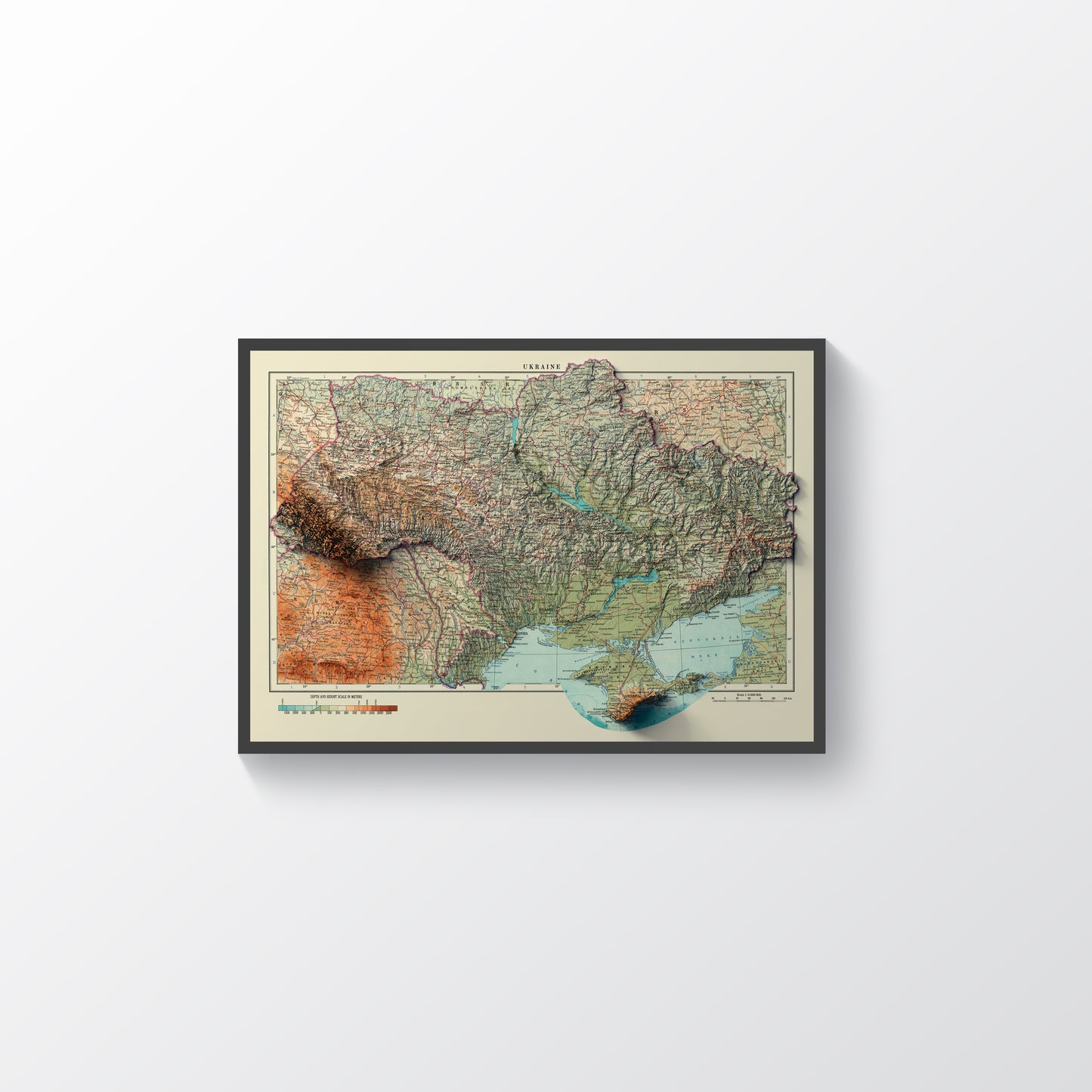Ukraine vintage framed shaded relief map in black frame. Artistic print highlighting mountains with a realistic terrain effect