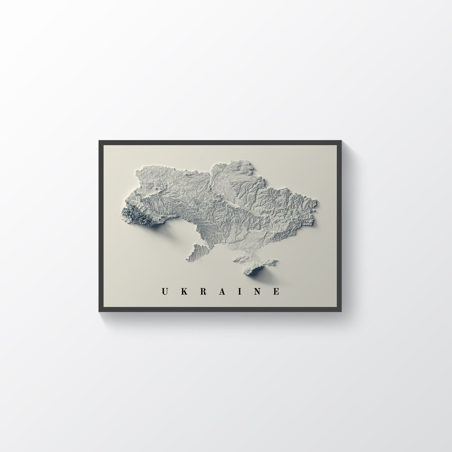 Ukraine framed shaded relief map in black frame. Artistic print highlighting mountains with a realistic terrain effect