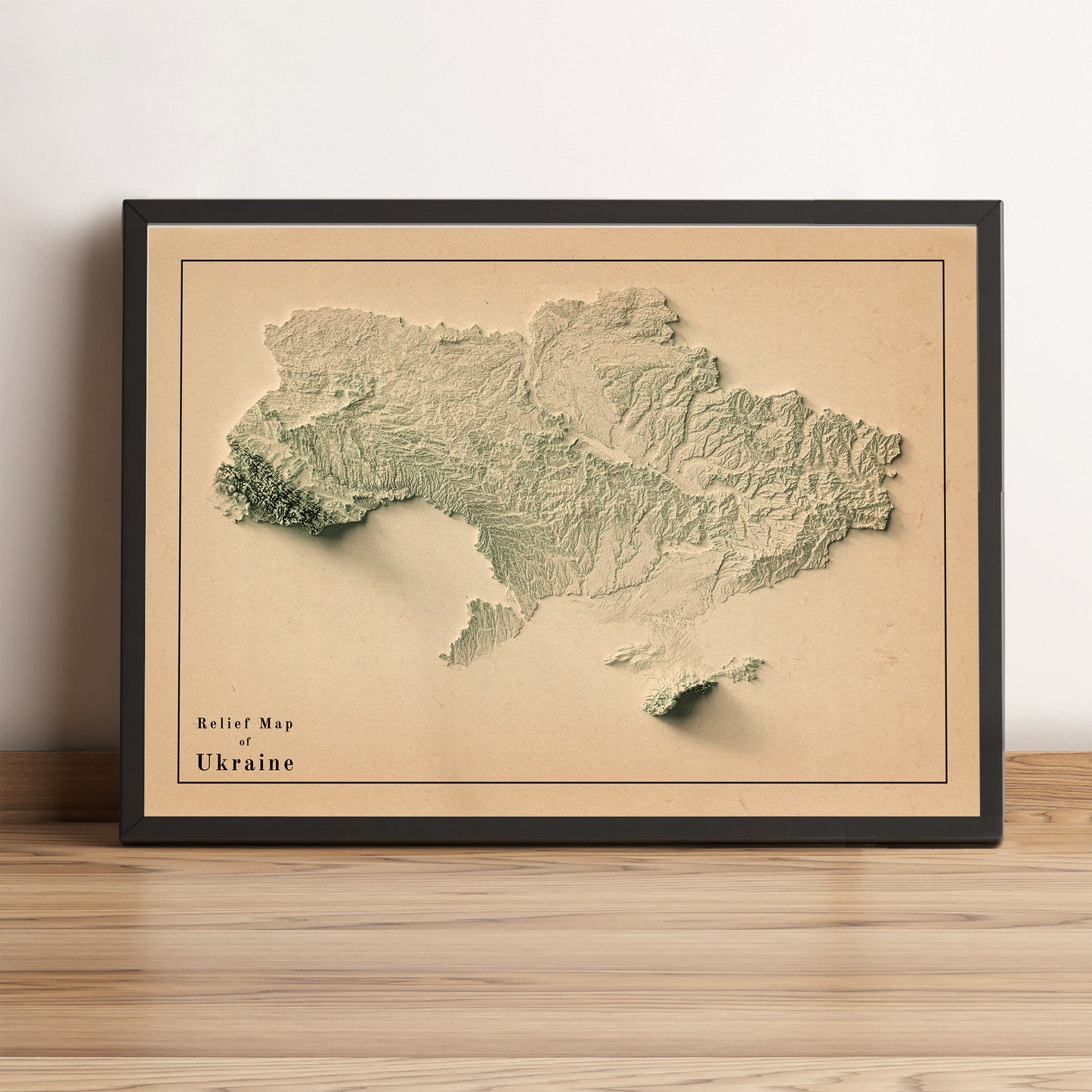 Ukraine vintage framed shaded relief map in black frame. Artistic print highlighting mountains with a realistic terrain effect