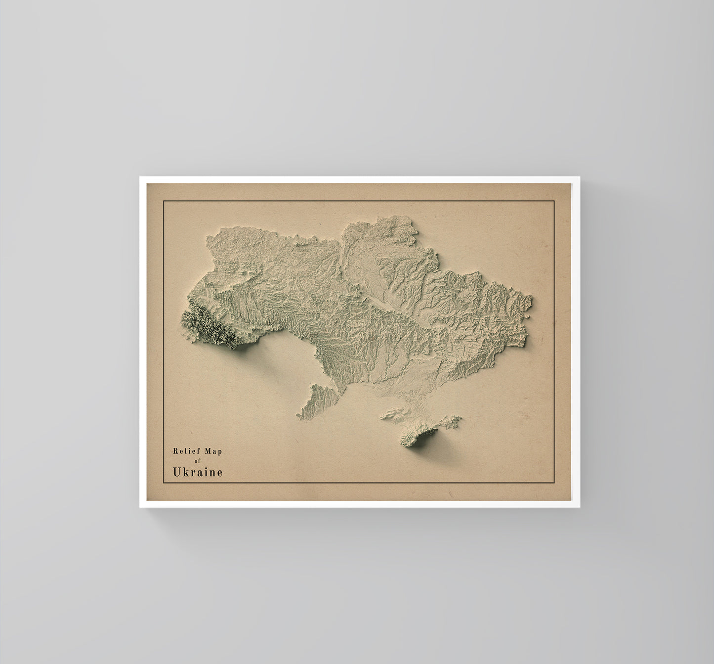 Ukraine vintage framed shaded relief map in white frame. Artistic print highlighting mountains with a realistic 3d effect