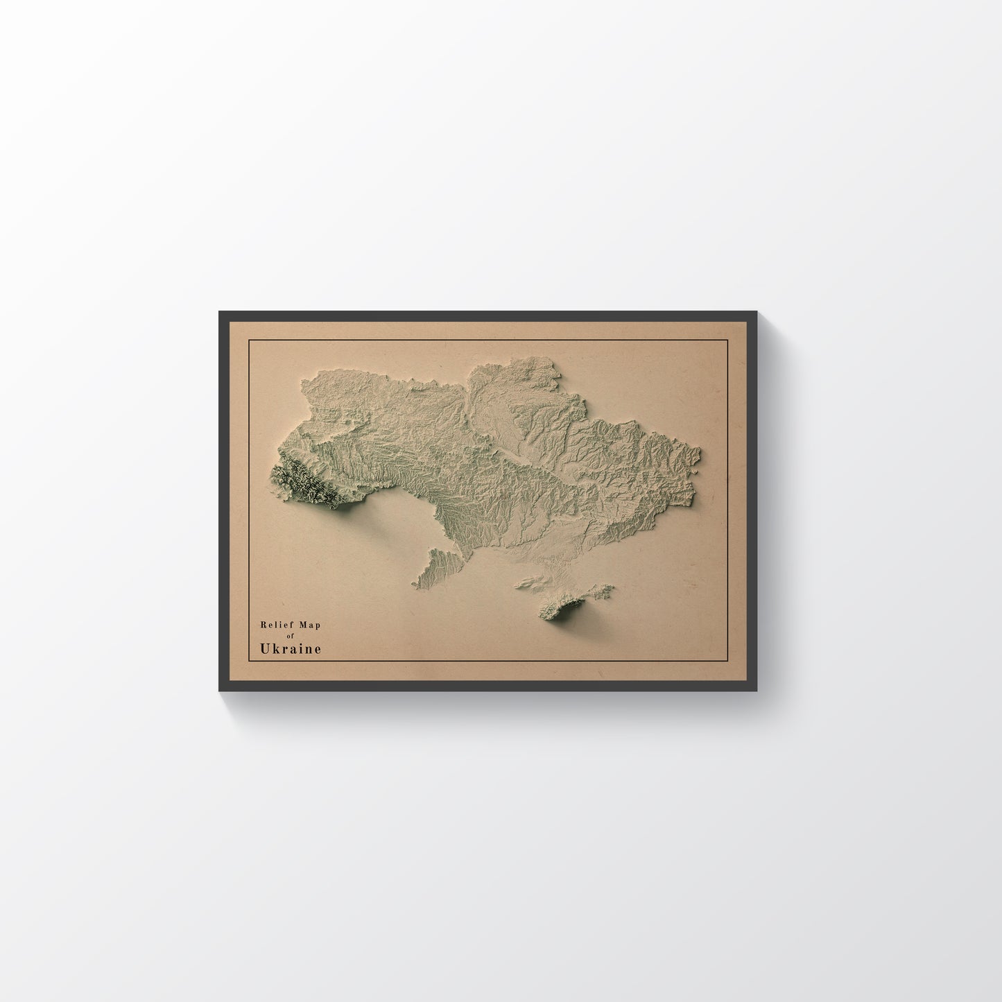 Ukraine vintage framed shaded relief map in black frame. Artistic print highlighting mountains with a realistic terrain effect