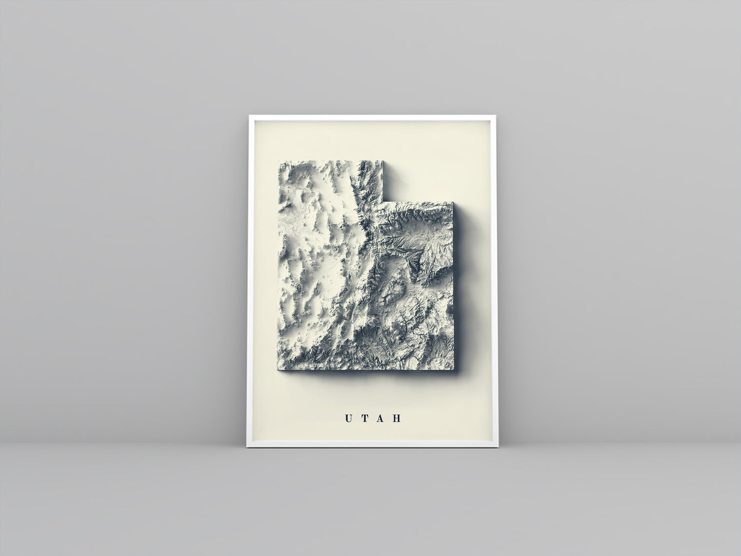 Utah (USA) framed shaded relief map in white frame. Artistic print highlighting mountains with a realistic 3d effect