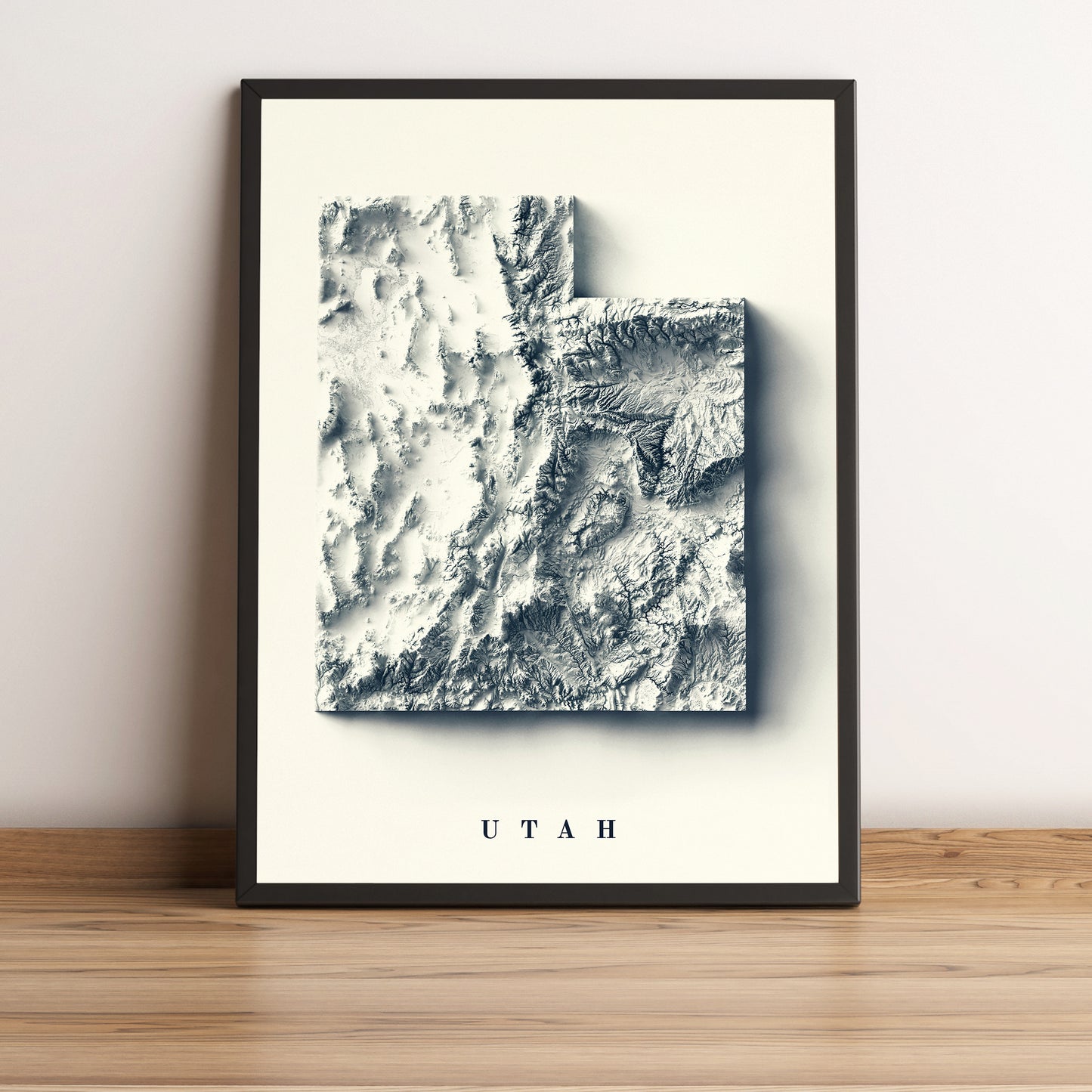 Utah (USA) framed shaded relief map in black frame. Artistic print highlighting mountains with a realistic terrain effect