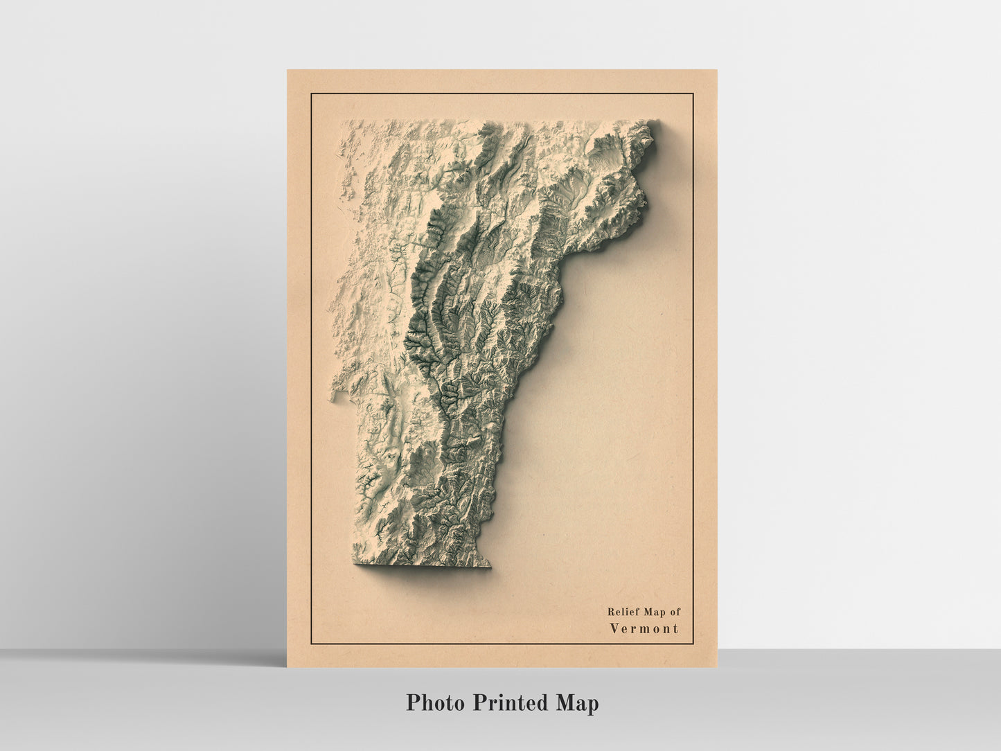 Vermont (USA) Shaded relief map print, highlighting topography. Ideal for home decor and geography lovers