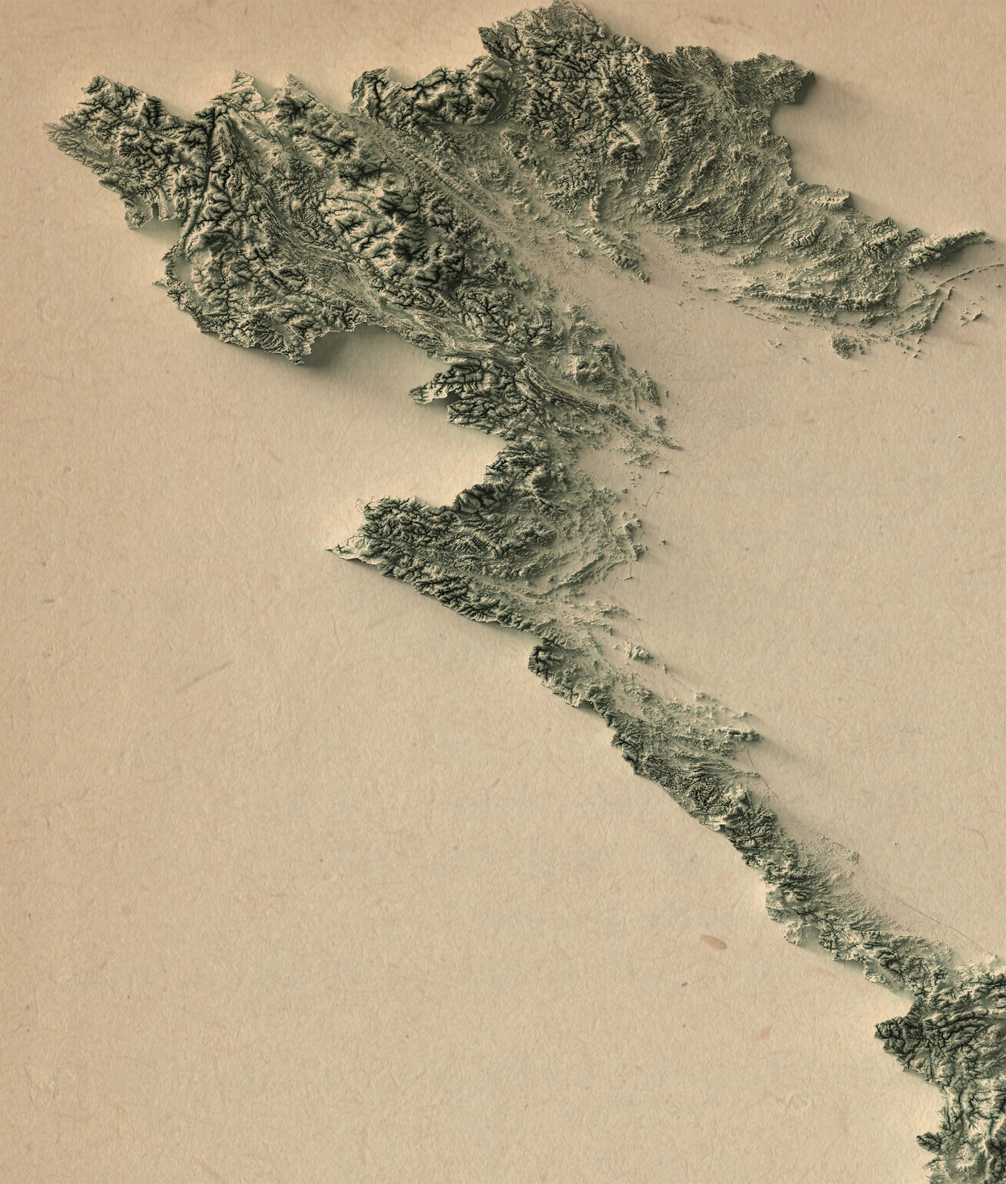 Detailed close-up of a vintage Vietnam relief map, showcasing textured topography and geographic contours