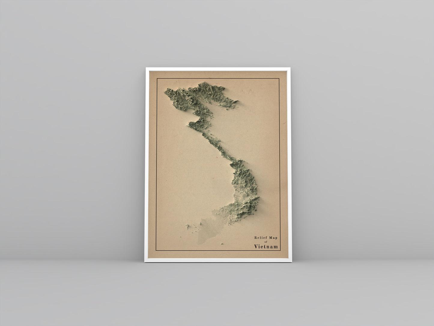 Vietnam vintage framed shaded relief map in white frame. Artistic print highlighting mountains with a realistic 3d effect