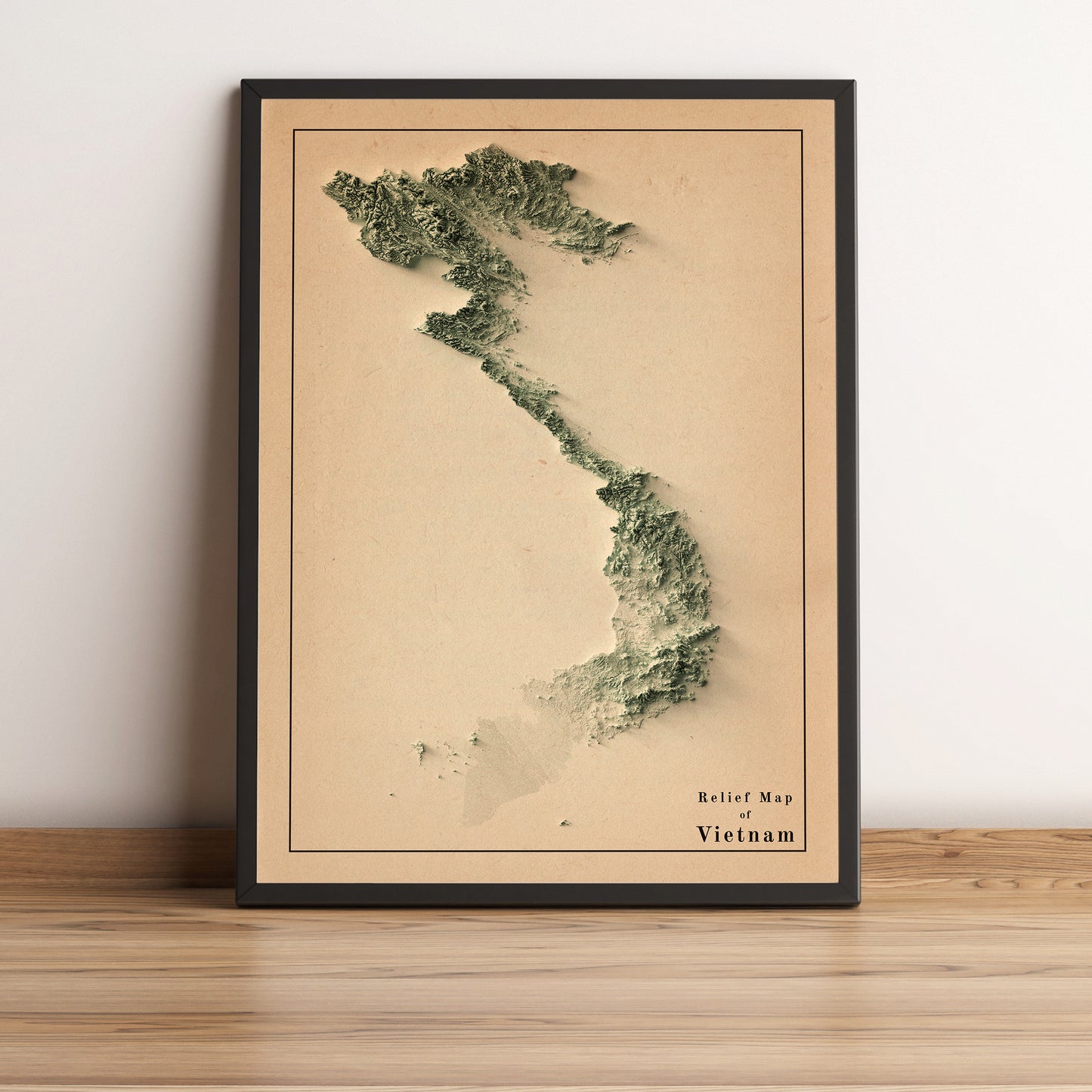 Vietnam vintage framed shaded relief map in black frame. Artistic print highlighting mountains with a realistic terrain effect
