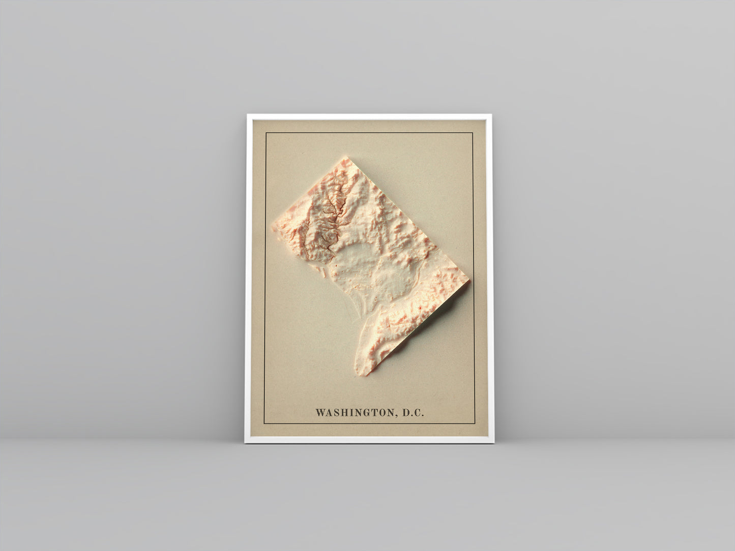 Washington DC (USA) vintage framed shaded relief map in white frame. Artistic print highlighting mountains with a realistic 3d effect