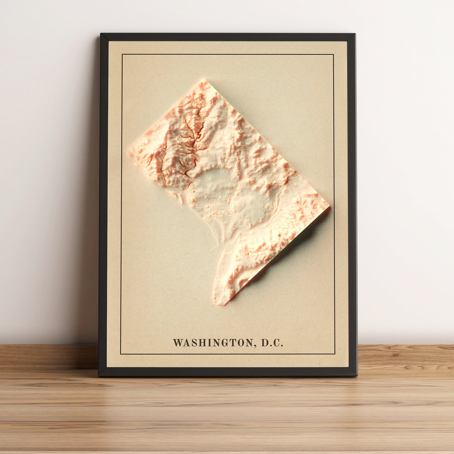 Washington DC (USA) vintage framed shaded relief map in black frame. Artistic print highlighting mountains with a realistic terrain effect
