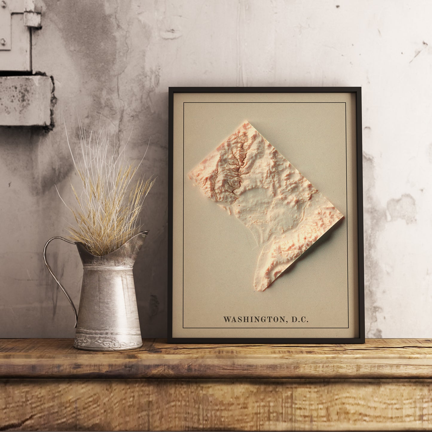 Vintage Washington DC (USA) shaded relief map in black frame. Realistic terrain art print for home decor, displayed on rustic wooden table