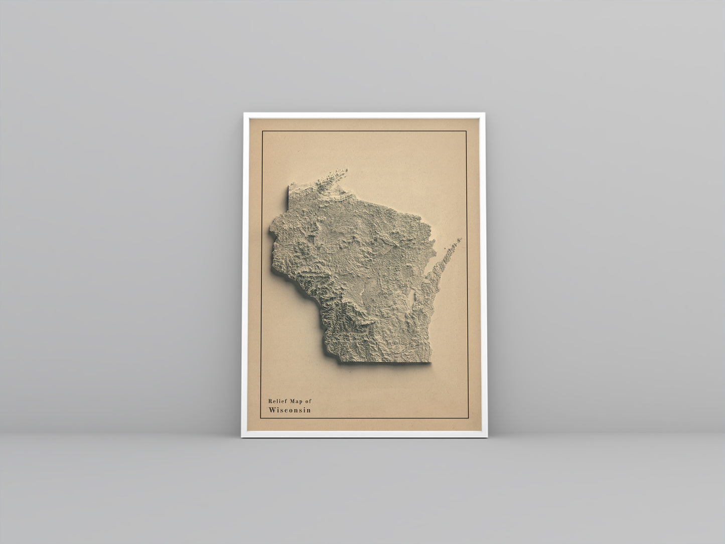 Wisconsin (USA) vintage framed shaded relief map in white frame. Artistic print highlighting mountains with a realistic 3d effect