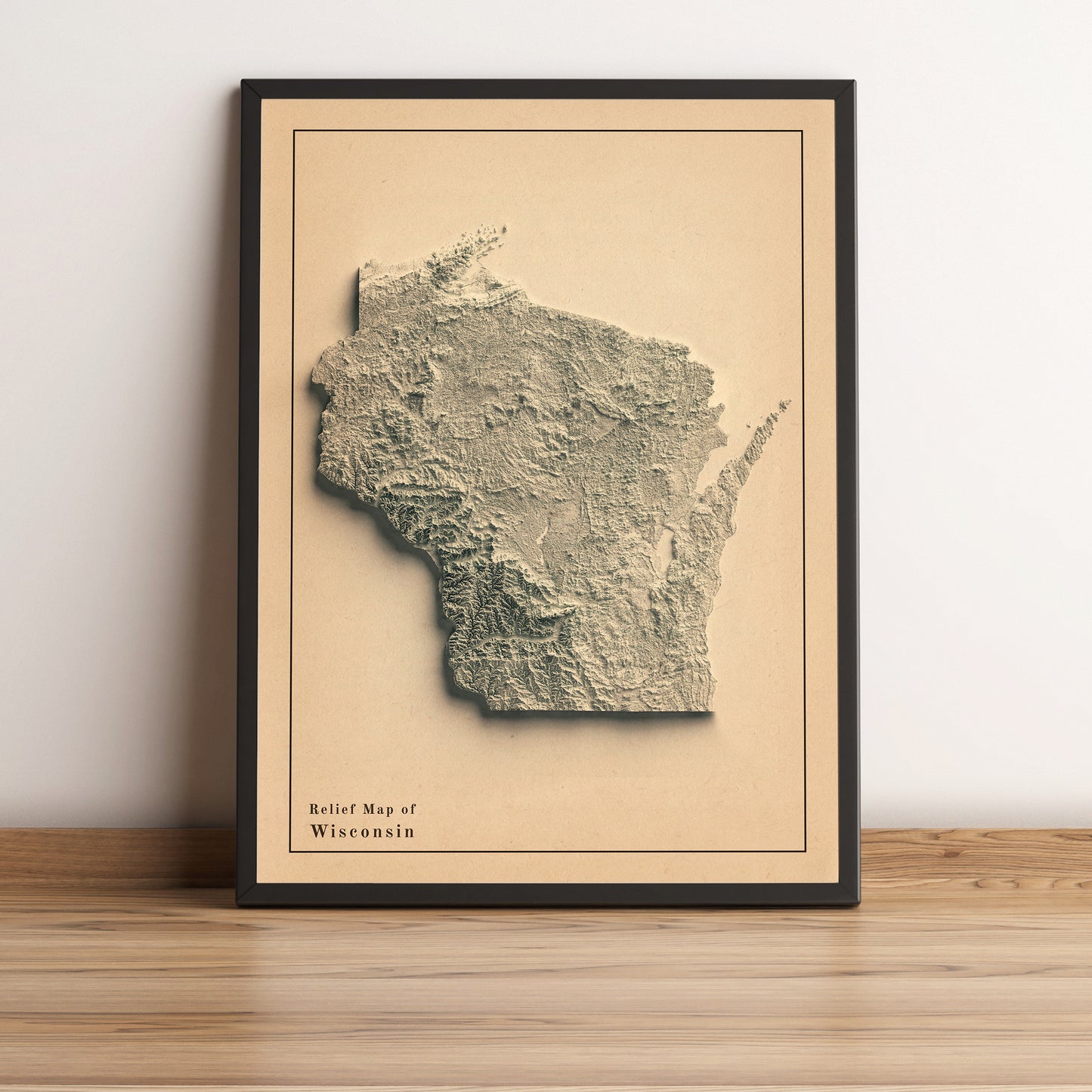 Wisconsin (USA) vintage framed shaded relief map in black frame. Artistic print highlighting mountains with a realistic terrain effect
