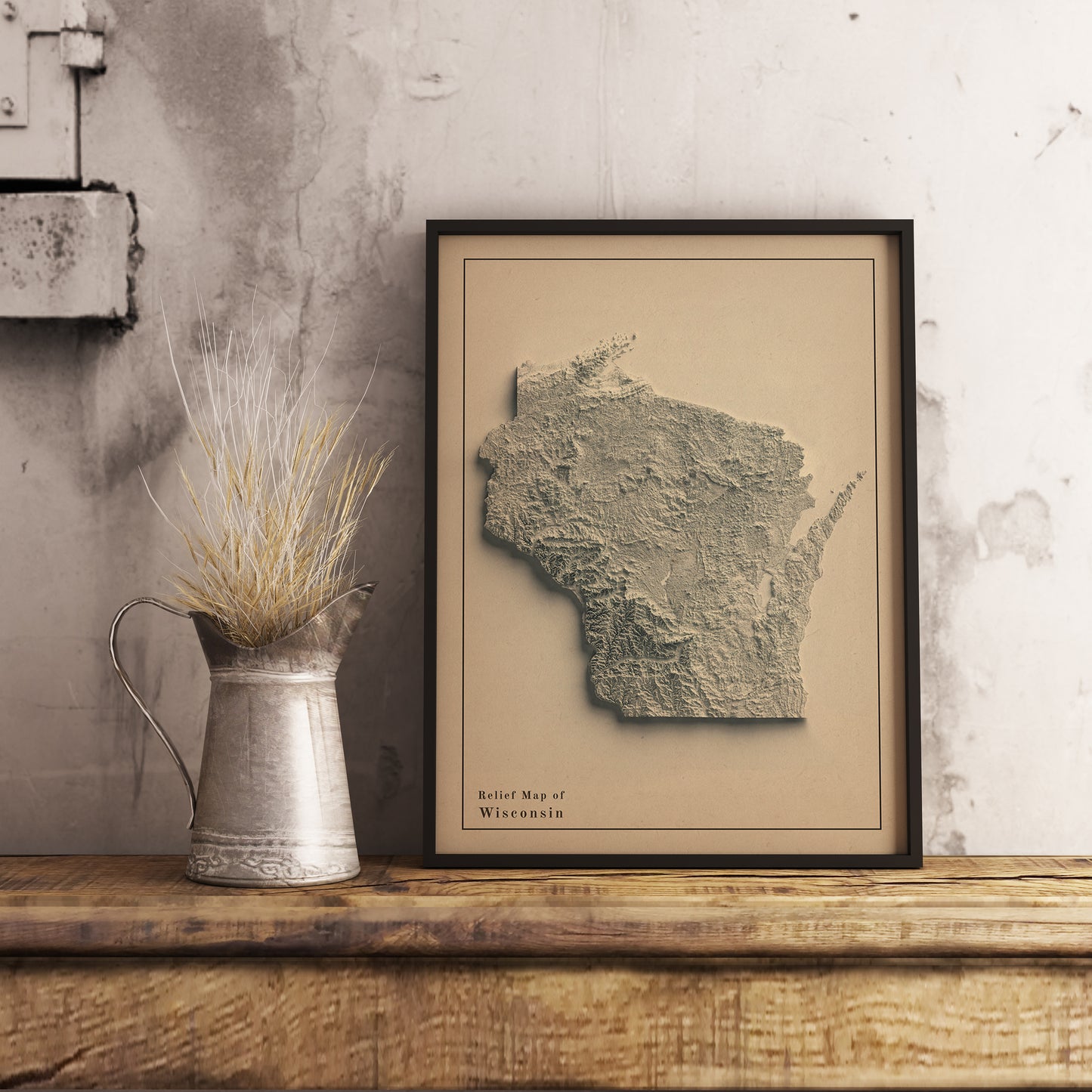 Vintage Wisconsin (USA) shaded relief map in black frame. Realistic terrain art print for home decor, displayed on rustic wooden table