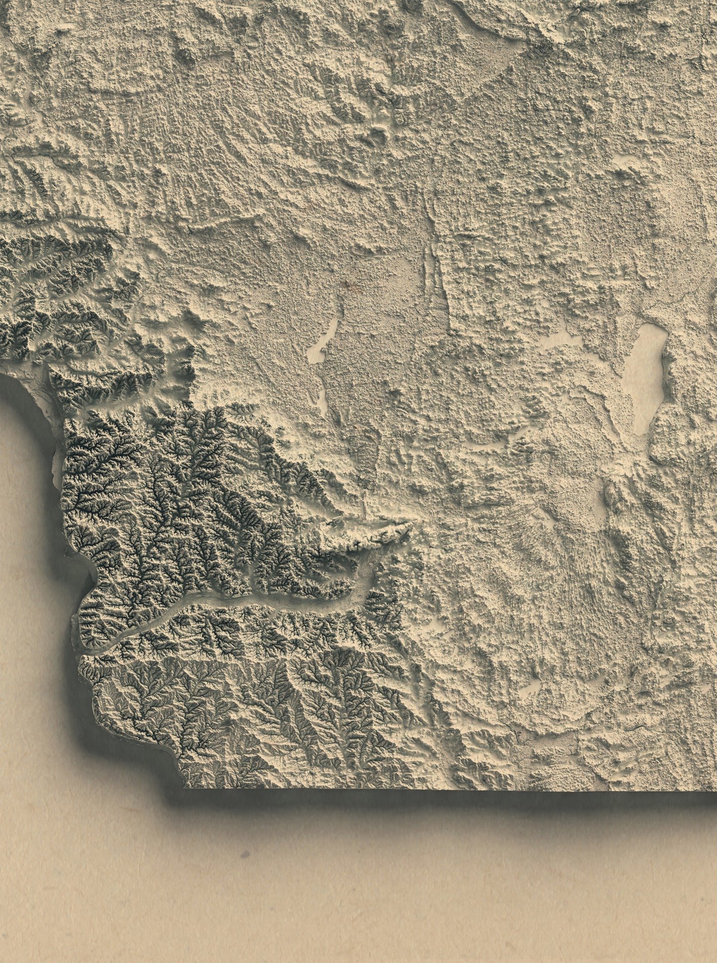 Detailed close-up of a vintage Wisconsin (USA) relief map, showcasing textured topography and geographic contours