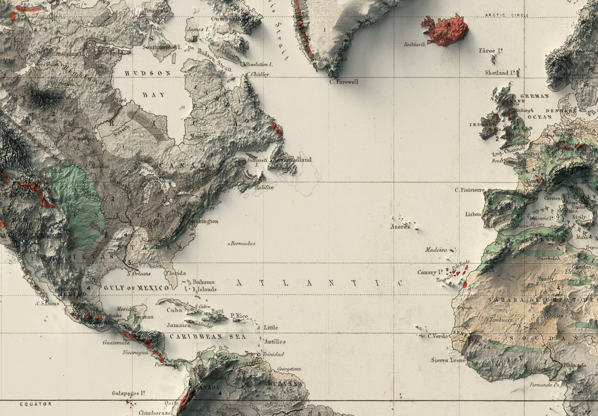 Detailed close-up of a vintage World relief map, showcasing textured topography and geographic contours