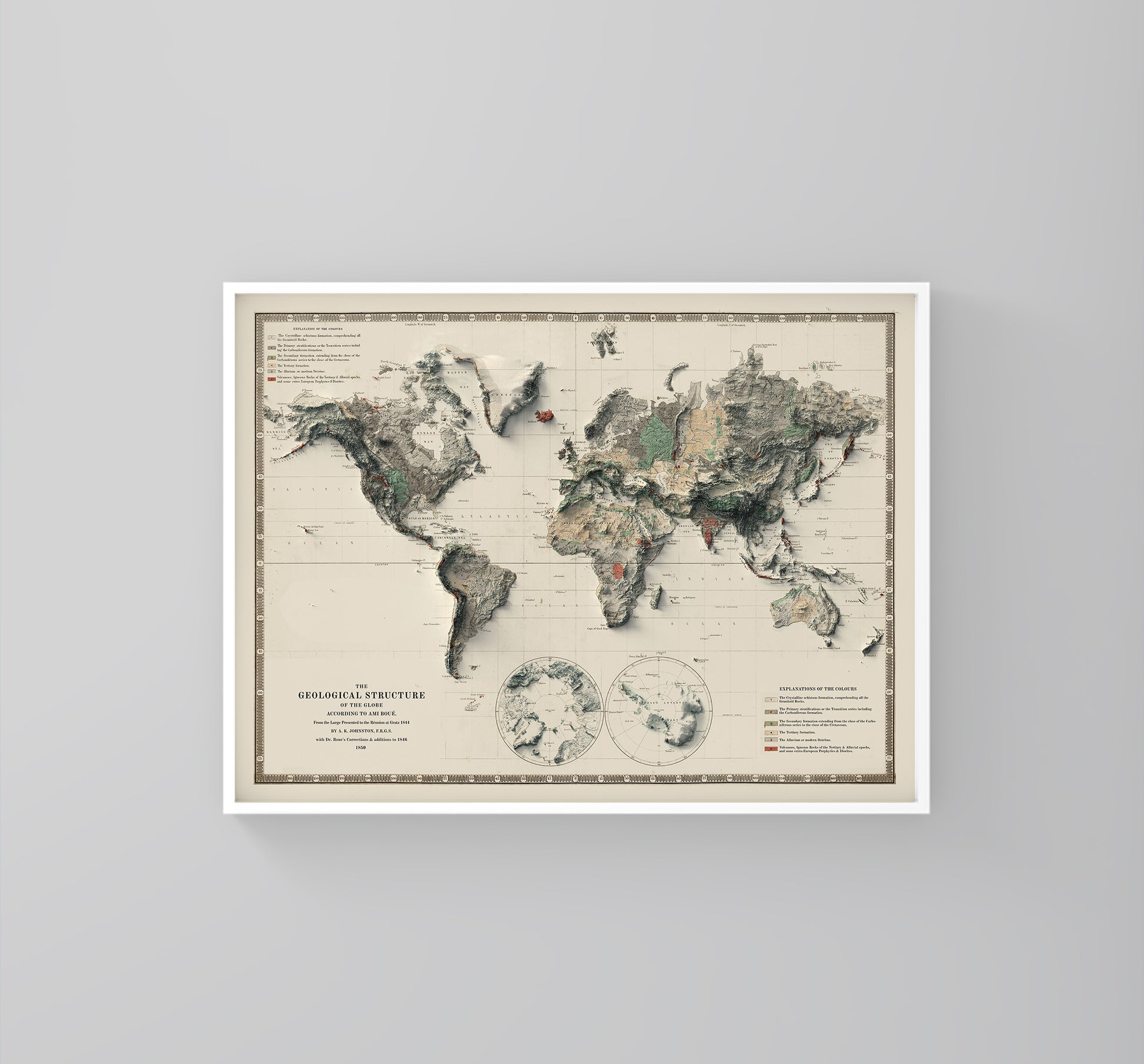 World vintage framed shaded relief map in white frame. Artistic print highlighting mountains with a realistic 3d effect