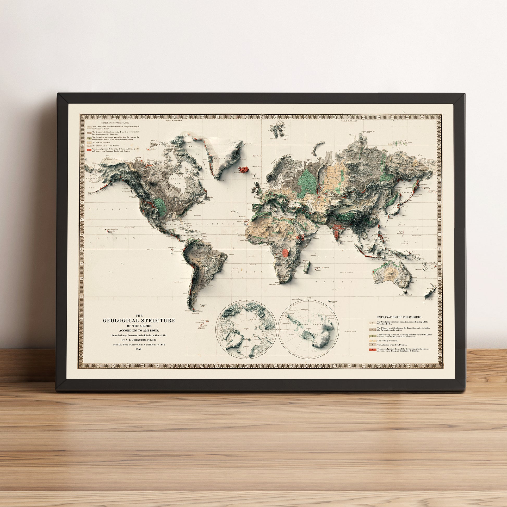 World vintage framed shaded relief map in black frame. Artistic print highlighting mountains with a realistic terrain effect