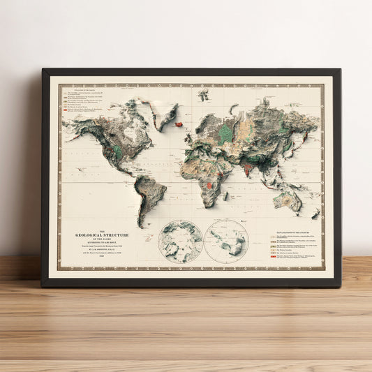 World vintage framed shaded relief map in black frame. Artistic print highlighting mountains with a realistic terrain effect