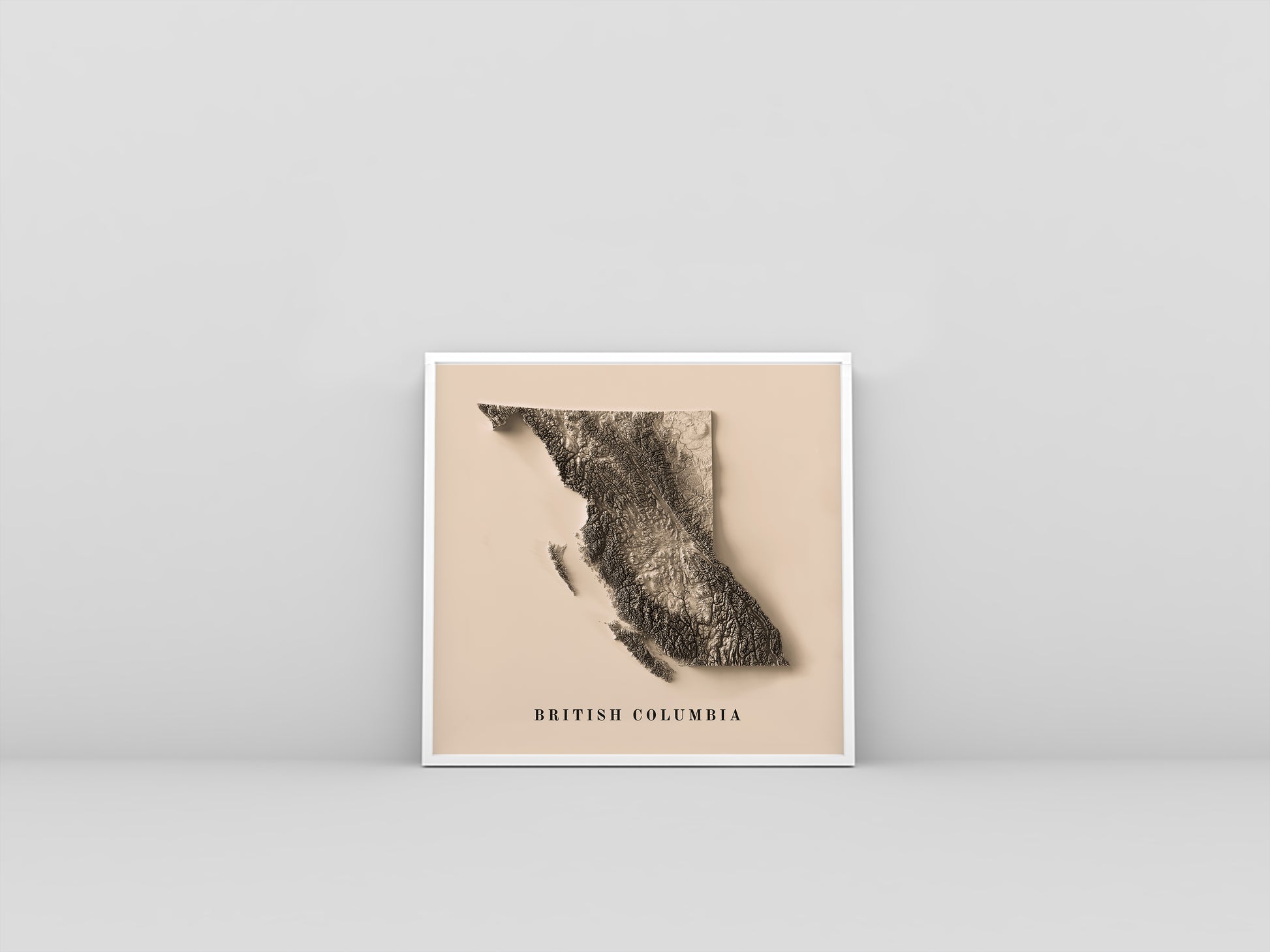 British Columbia (Canada) vintage framed shaded relief map in white frame. Artistic print highlighting mountains with a realistic 3d effect