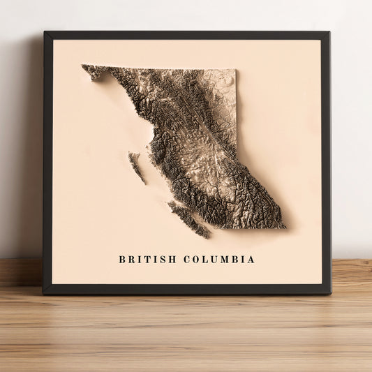 British Columbia (Canada) vintage framed shaded relief map in black frame. Artistic print highlighting mountains with a realistic terrain effect