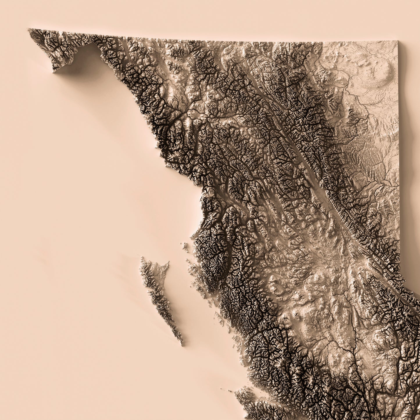 Detailed close-up of a British Columbia (Canada) relief map, showcasing textured topography and geographic contours