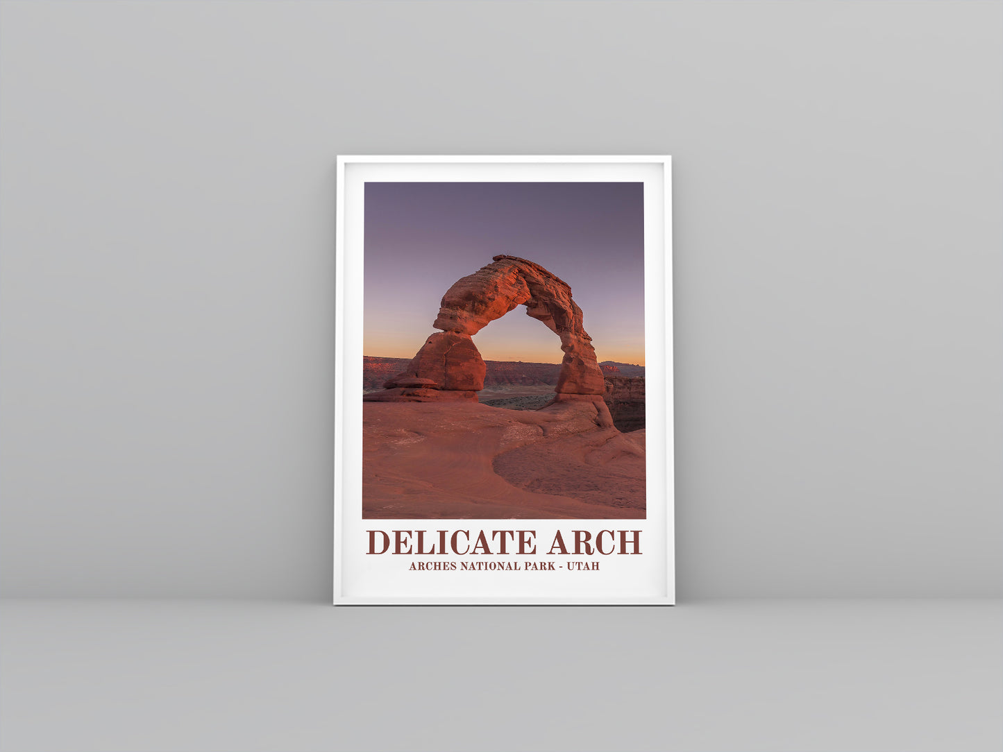 Arches National Park (Utah) Vintage travel poster in white frame. Artistic print highlighting the landscape