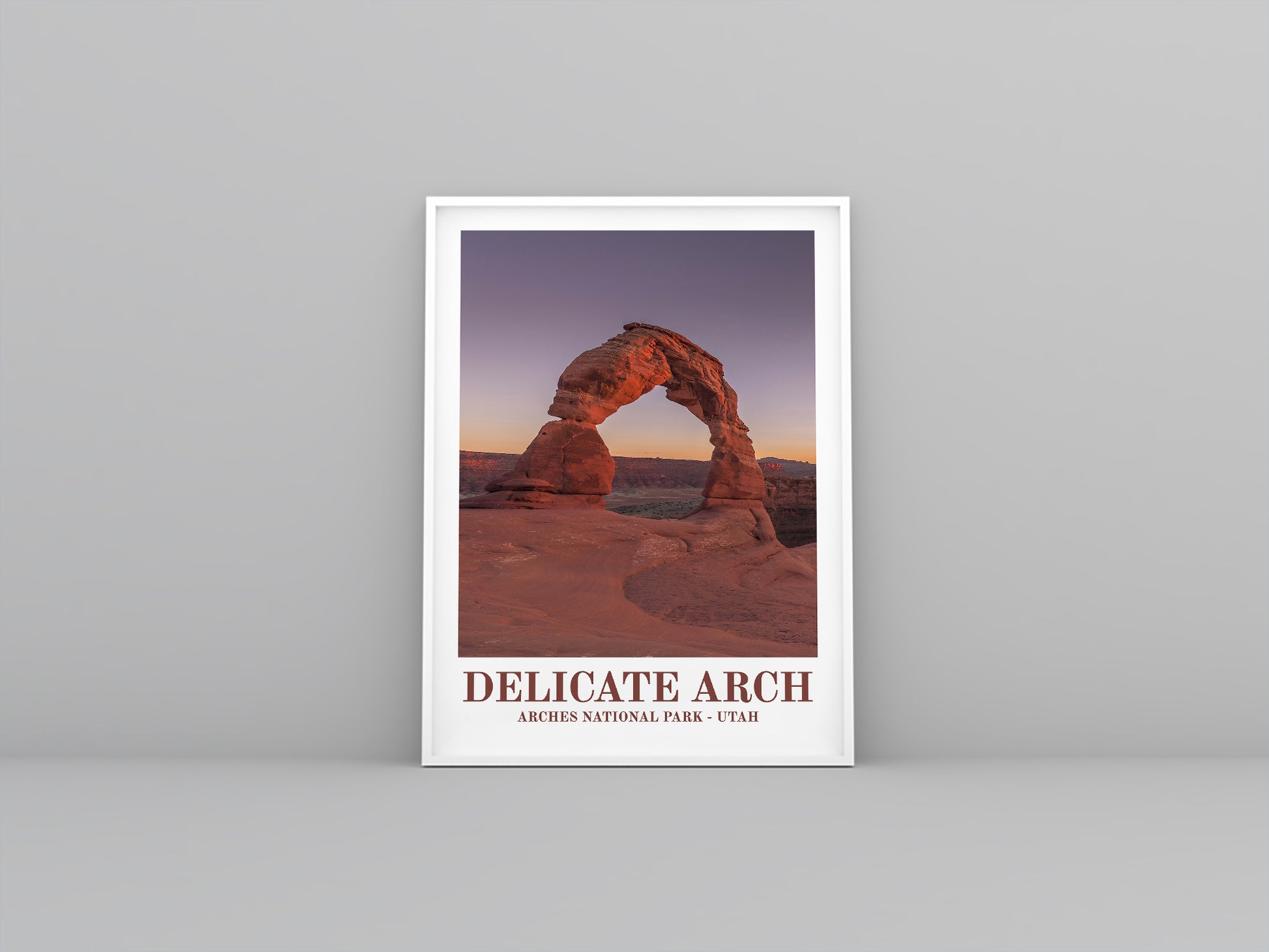 Arches National Park (Utah) Vintage travel poster in white frame. Artistic print highlighting the landscape