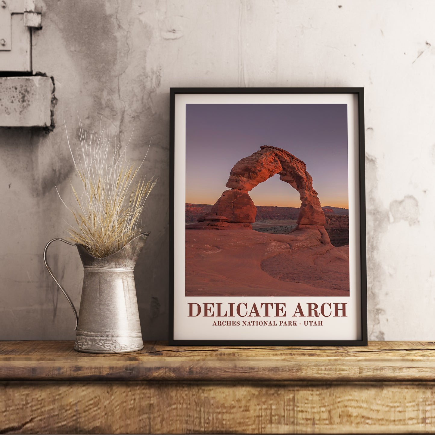Arches National Park (Utah) vintage travel poster. Photographic art print for home decor, displayed on rustic wooden table