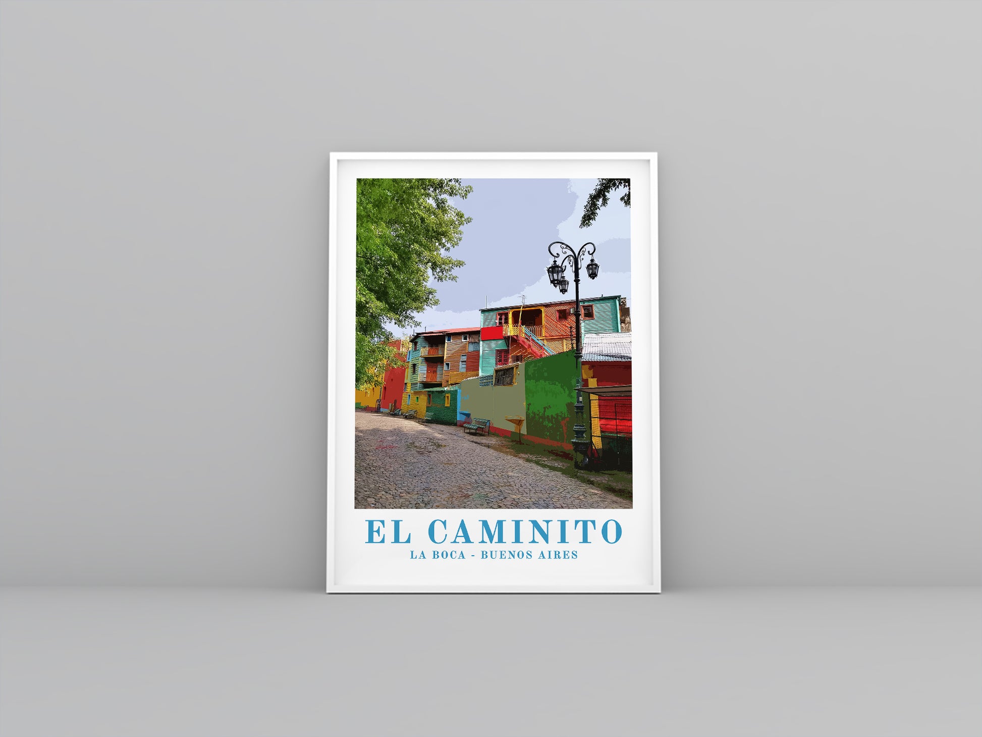 El Caminito, Buenos Aires, Argentina, Vintage travel poster in white frame. Artistic print highlighting the landscape