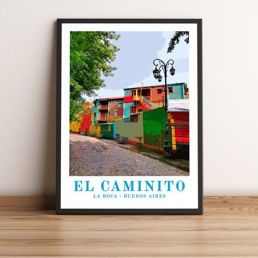 El Caminito, Buenos Aires, Argentina, vintage travel poster in black frame. Artistic photographic print