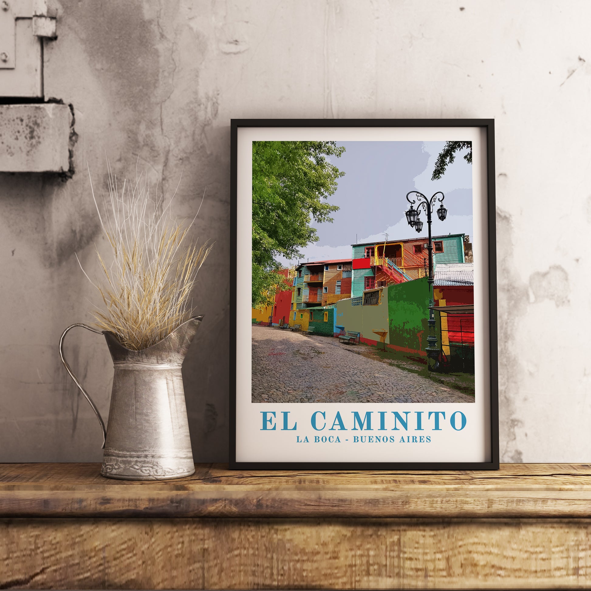 El Caminito, Buenos Aires, Argentina, vintage travel poster. Photographic art print for home decor, displayed on rustic wooden table