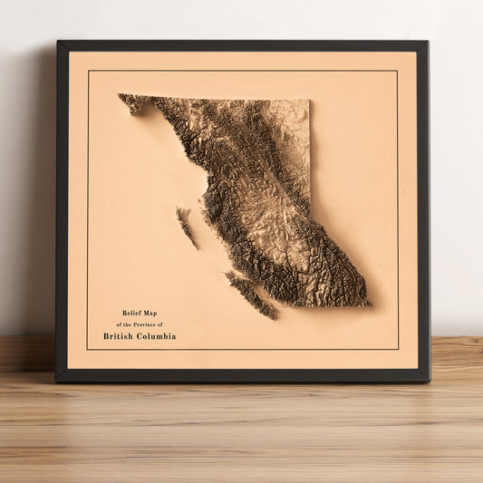 British Columbia (Canada) vintage framed shaded relief map in black frame. Artistic print highlighting mountains with a realistic terrain effect
