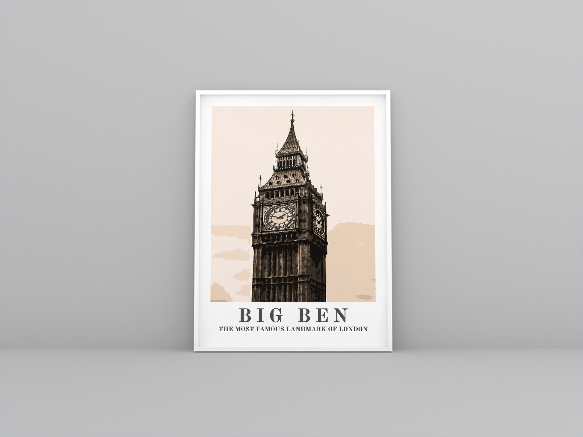 Big Ben, London, Vintage travel poster in white frame. Artistic print highlighting the landscape