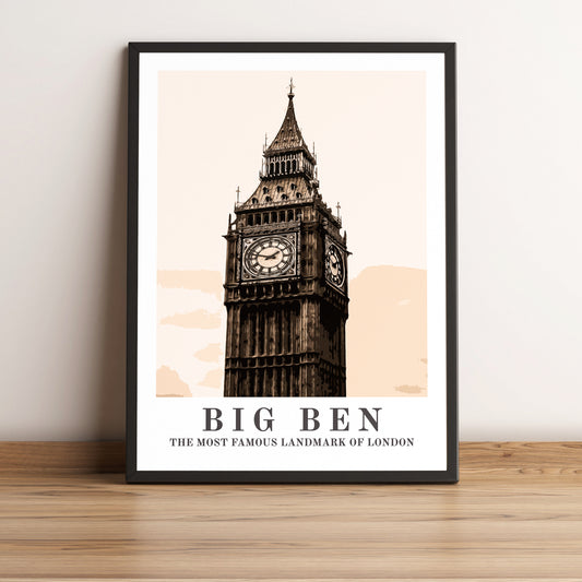 Big Ben (London) vintage travel poster in black frame. Artistic photographic print