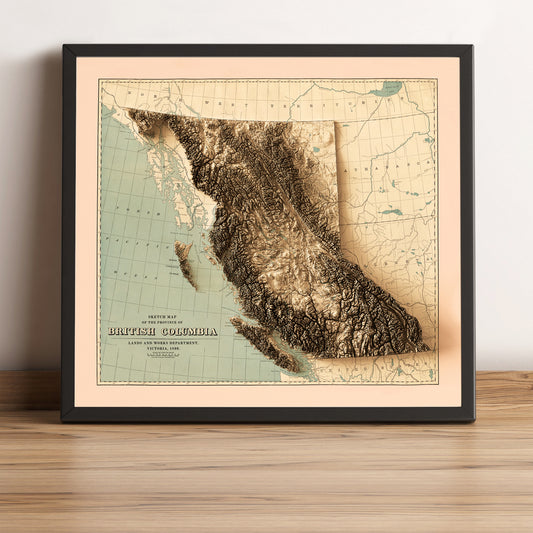British Columbia (Canada) vintage framed shaded relief map in black frame. Artistic print highlighting mountains with a realistic terrain effect