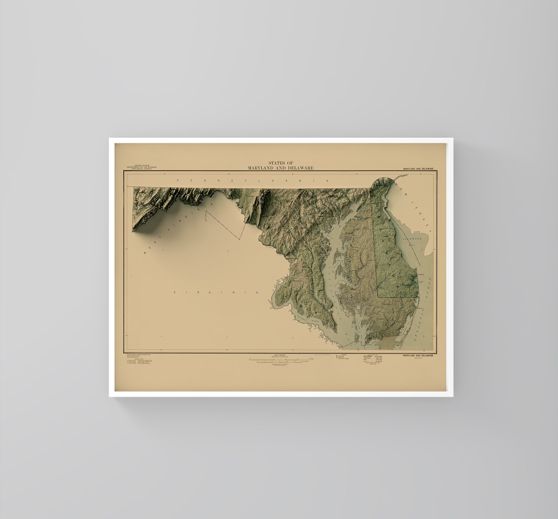 Maryland (USA) vintage framed shaded relief map in white frame. Artistic print highlighting mountains with a realistic 3d effect