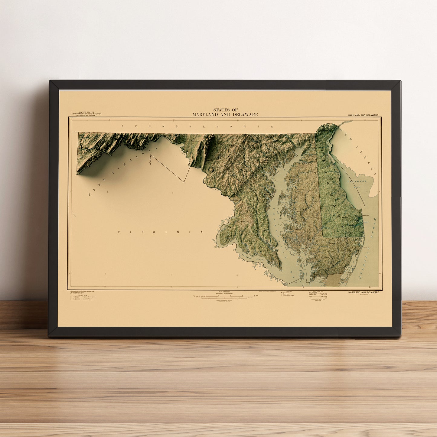 Maryland (USA) vintage framed shaded relief map in black frame. Artistic print highlighting mountains with a realistic terrain effect