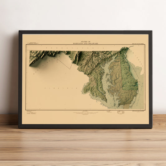 Maryland (USA) vintage framed shaded relief map in black frame. Artistic print highlighting mountains with a realistic terrain effect