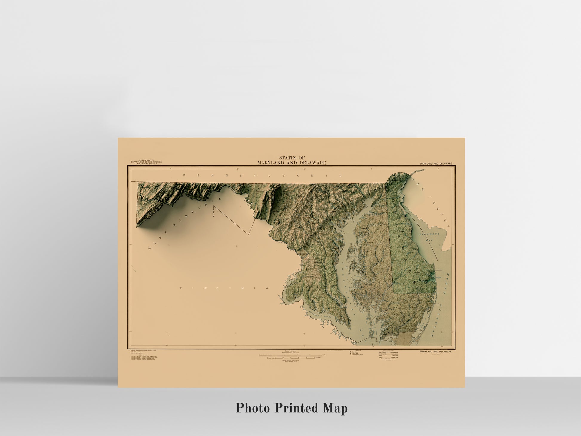 Maryland (USA) Shaded relief map print, highlighting topography. Ideal for home decor and geography lovers