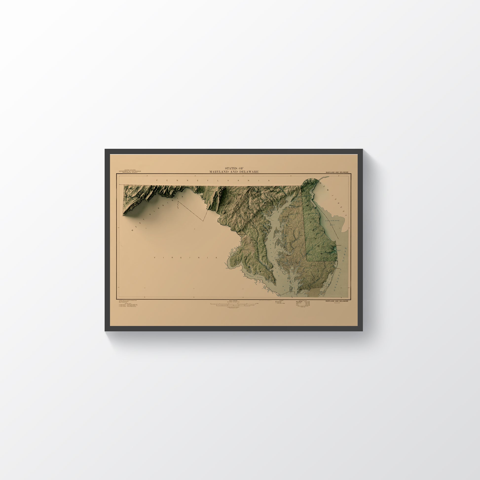 Maryland (USA) vintage framed shaded relief map in black frame. Artistic print highlighting mountains with a realistic terrain effect