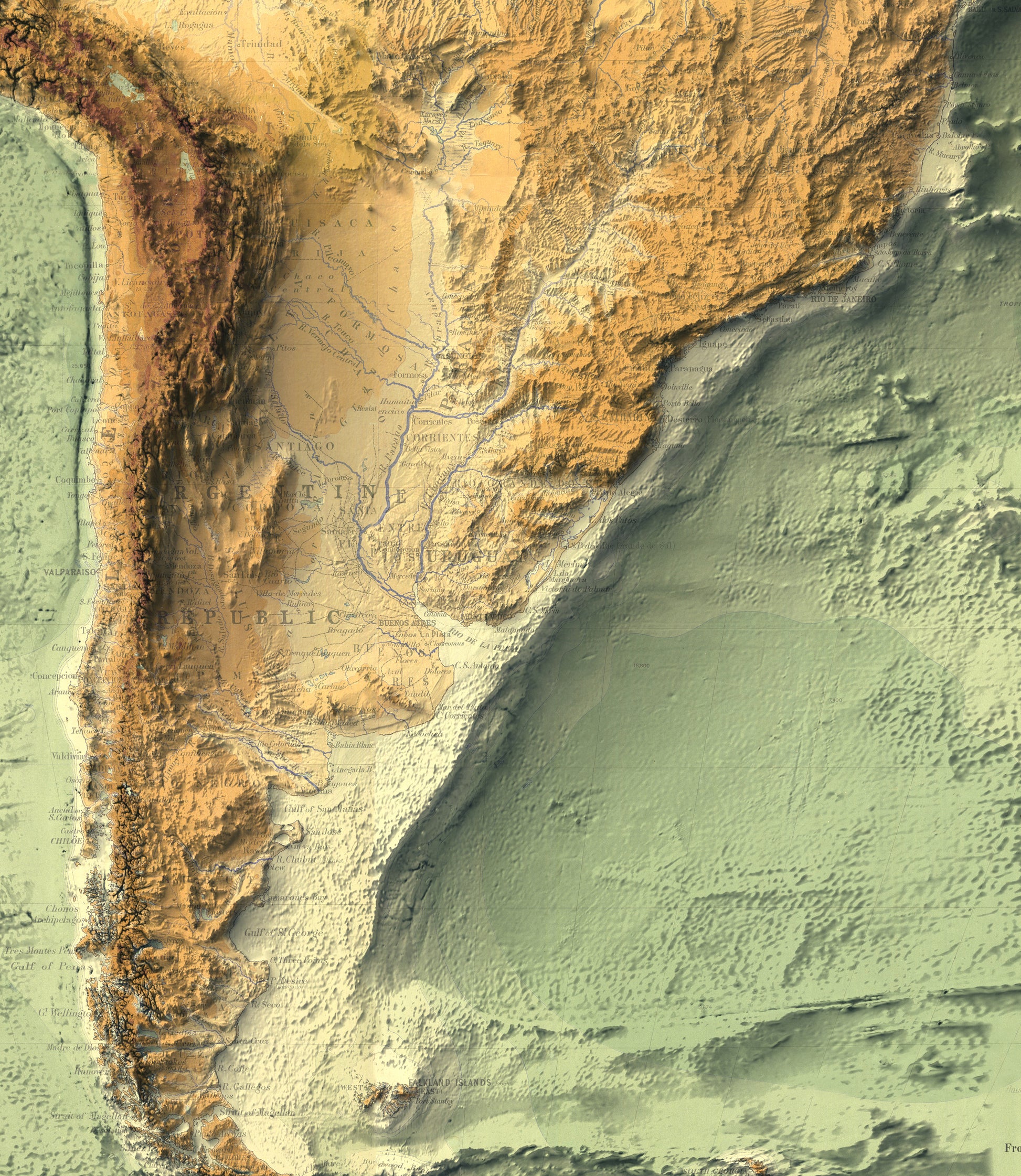 Detailed close-up of a vintage South America Bathymetrical relief map, showcasing textured topography and geographic contours