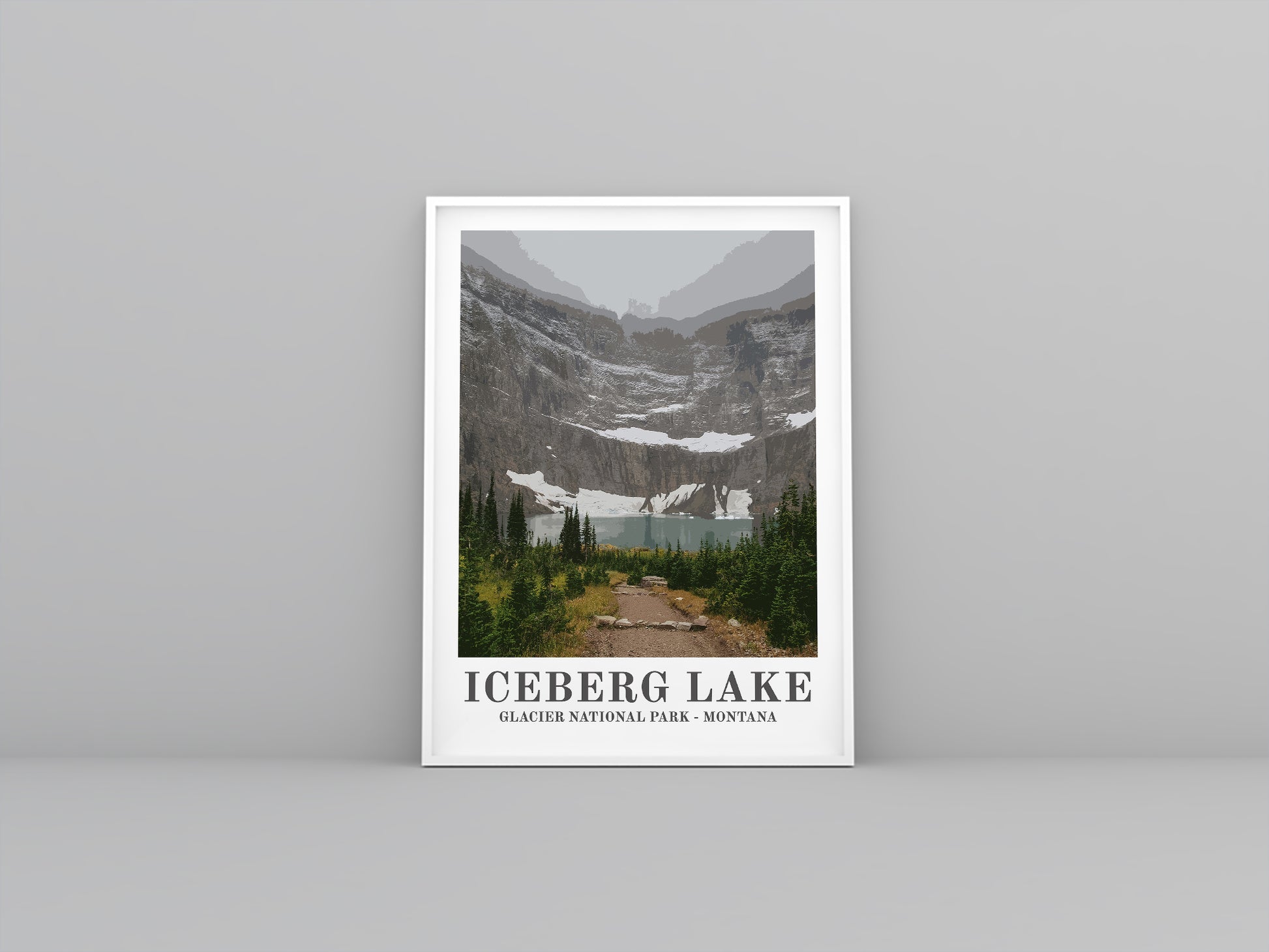 Iceberg Lake, Glacier National Park, Vintage travel poster in white frame. Artistic print highlighting the landscape