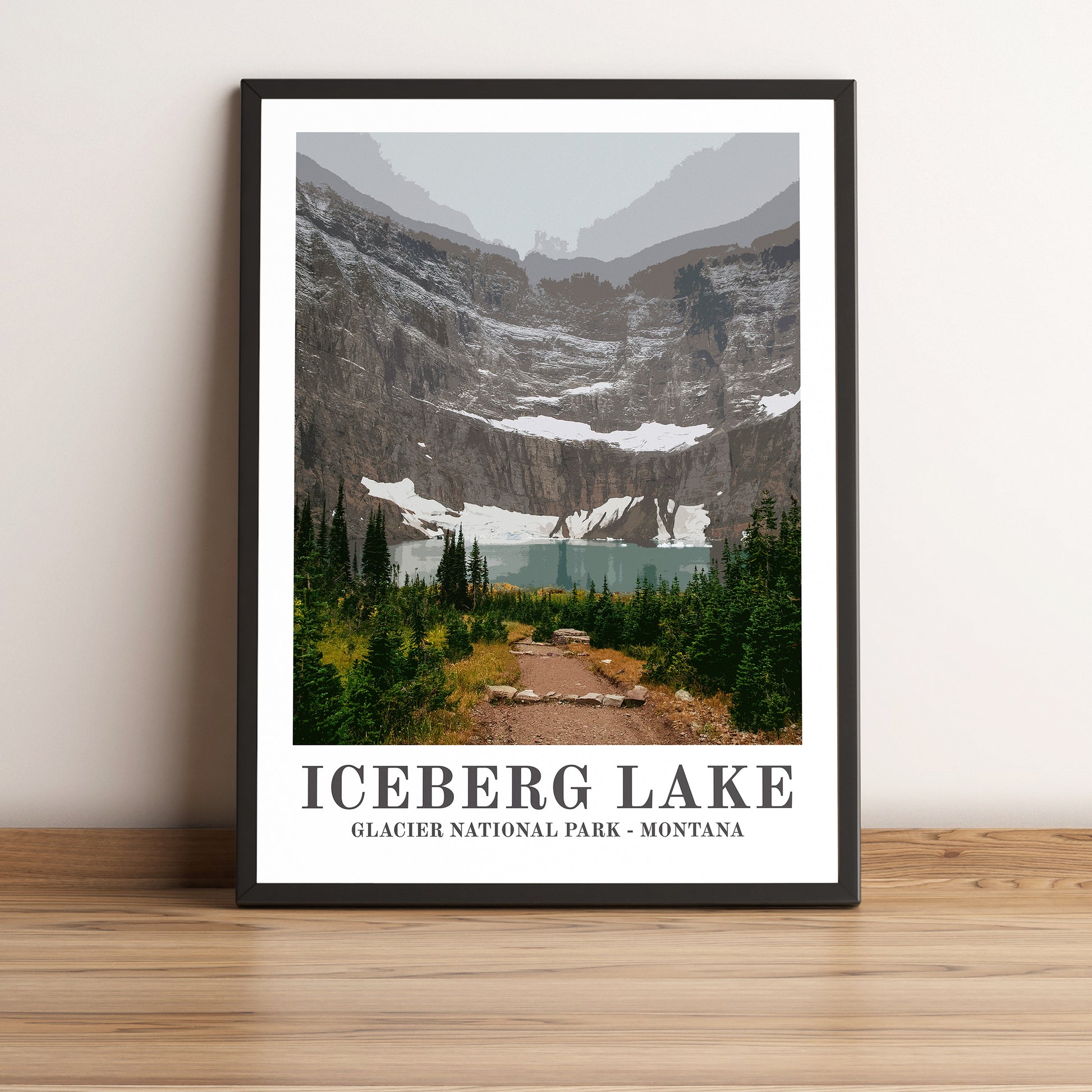 Glacier National Park (Montana) vintage travel poster in black frame. Artistic photographic print