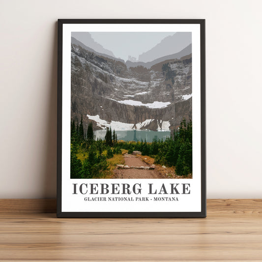 Glacier National Park (Montana) vintage travel poster in black frame. Artistic photographic print