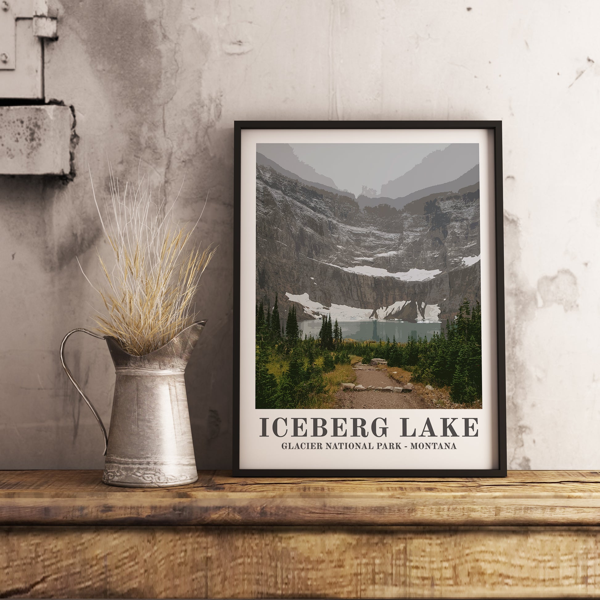 Glacier National Park (Montana) vintage travel poster. Photographic art print for home decor, displayed on rustic wooden table