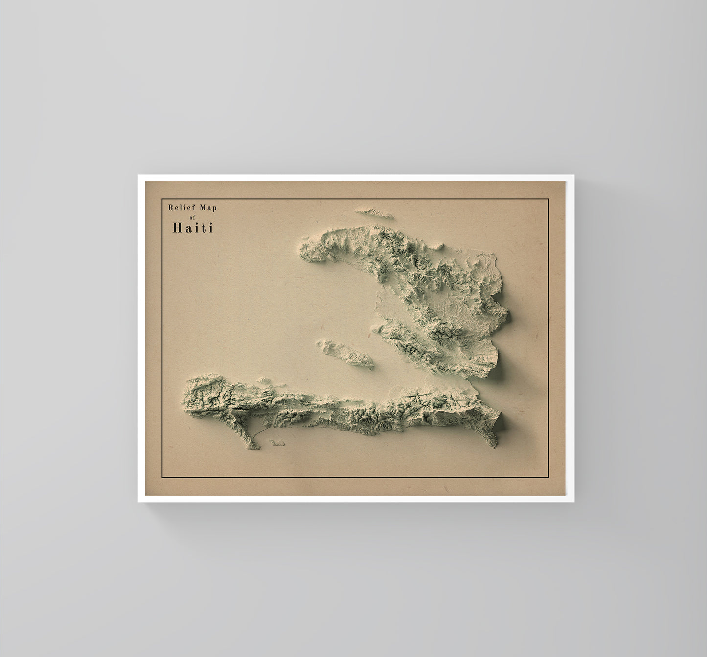Haiti vintage framed shaded relief map in white frame. Artistic print highlighting mountains with a realistic 3d effect