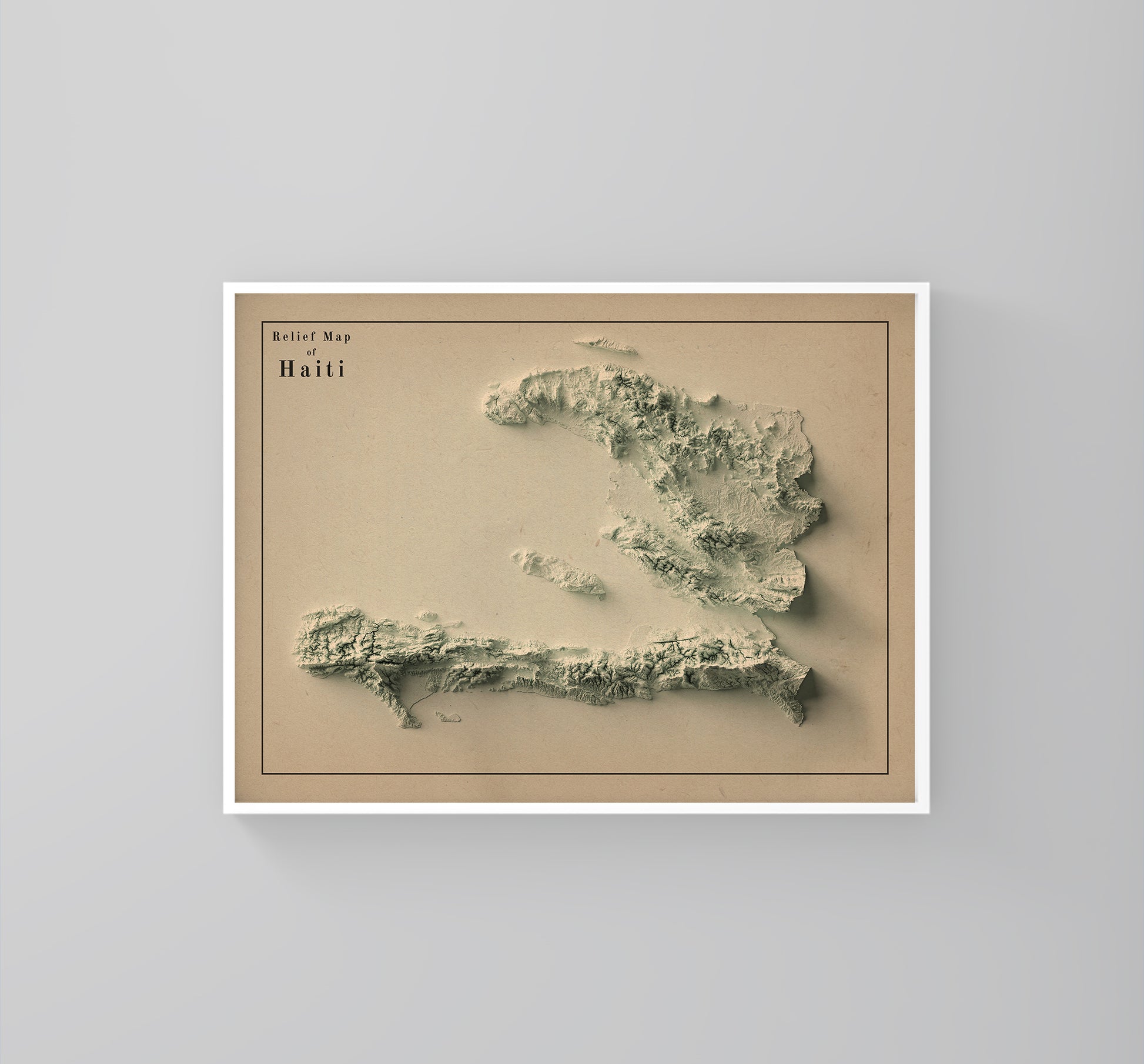 Haiti vintage framed shaded relief map in white frame. Artistic print highlighting mountains with a realistic 3d effect