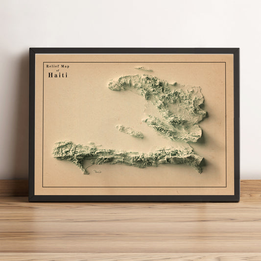 Haiti vintage framed shaded relief map in black frame. Artistic print highlighting mountains with a realistic terrain effect